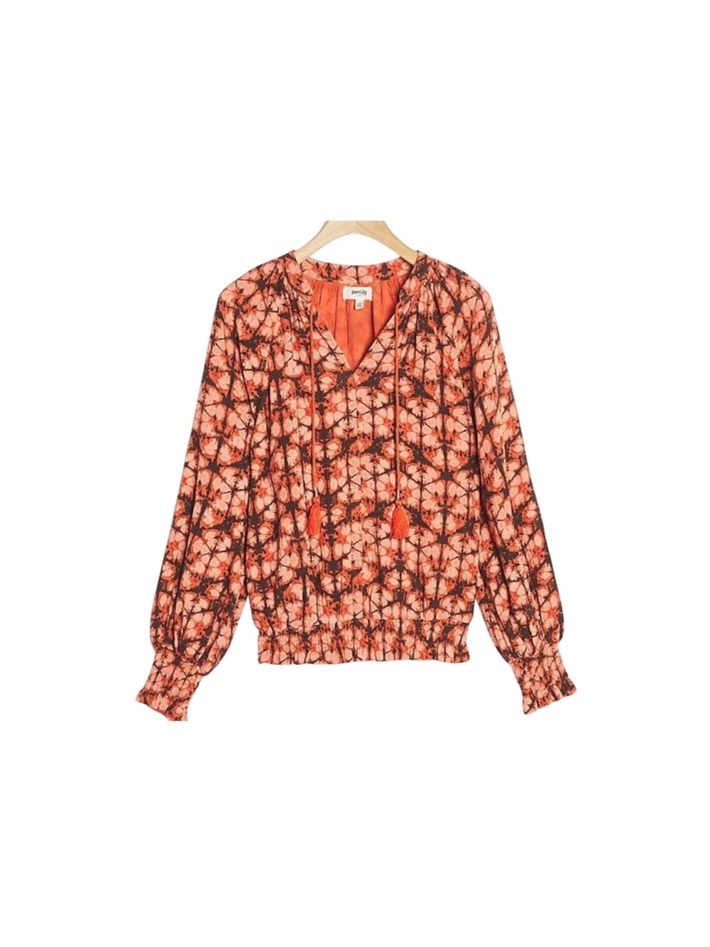 ANTHROPOLOGIE Porridge Elisabeth Geometric Peasant Blouse Tassel Drawstring Top